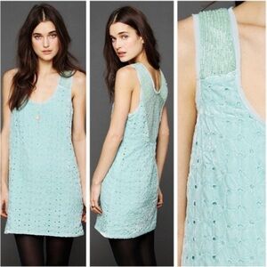 Free People “Danced To Pieces” Mint Green Beaded Velvet Dress, Size 4